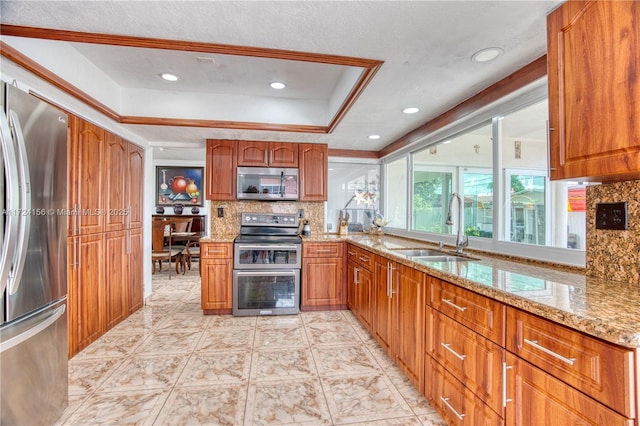 kitchen featuring decorative backsplash, appliances with stainless steel finishes, light stone countertops, a tray ceiling, and sink