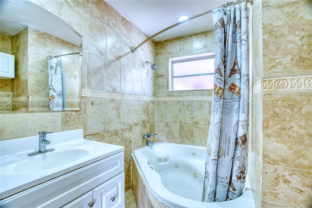 bathroom featuring vanity, shower / bath combo, and tile walls