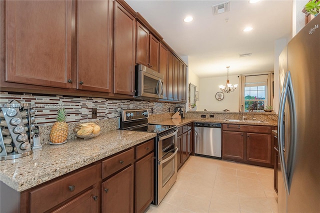 kitchen with sink, decorative light fixtures, an inviting chandelier, backsplash, and appliances with stainless steel finishes