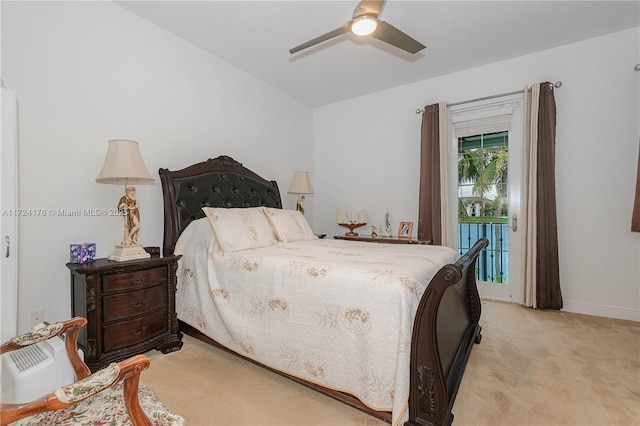 carpeted bedroom with access to exterior and ceiling fan