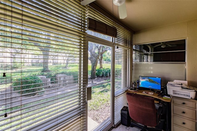 office space with ceiling fan
