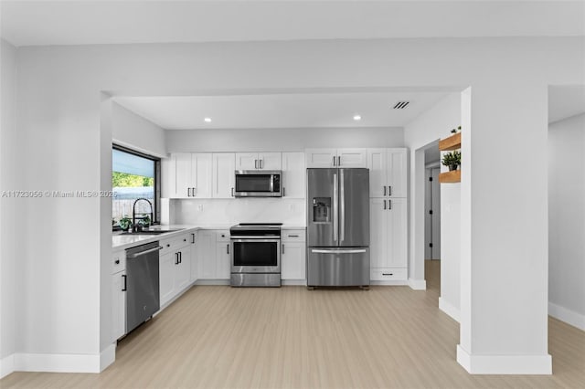 kitchen featuring white cabinets, appliances with stainless steel finishes, tasteful backsplash, and sink