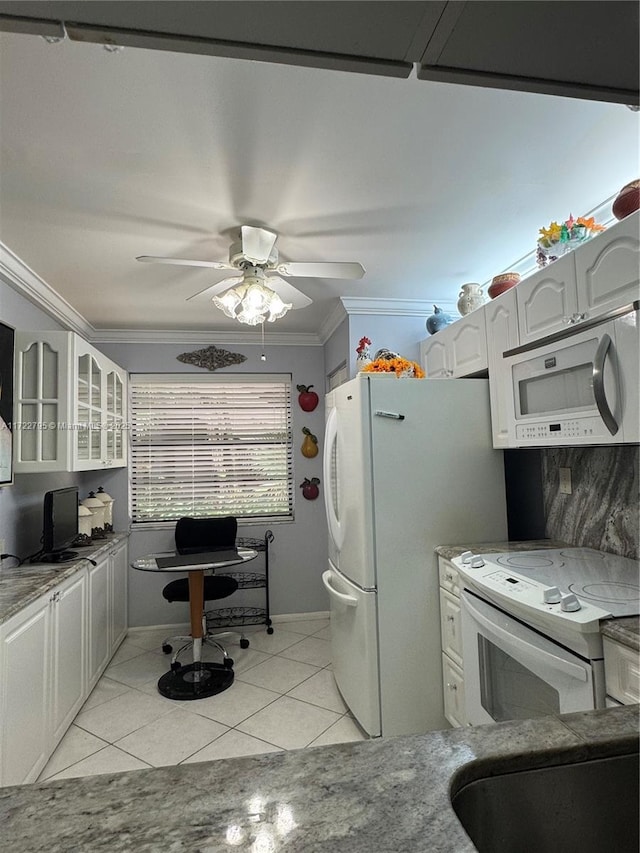 kitchen featuring white cabinetry, white appliances, light tile patterned flooring, ornamental molding, and decorative backsplash