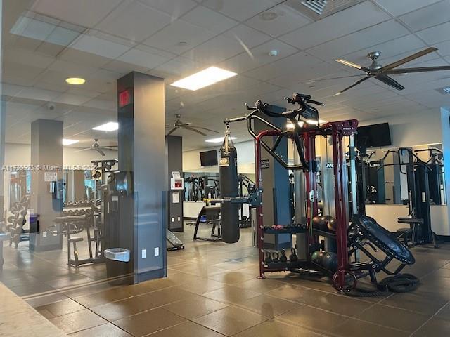 workout area with a drop ceiling and ceiling fan