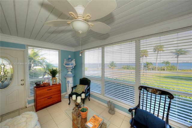 sunroom featuring ceiling fan and wooden ceiling