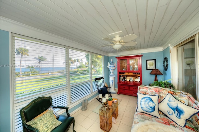 sunroom / solarium featuring ceiling fan and wooden ceiling