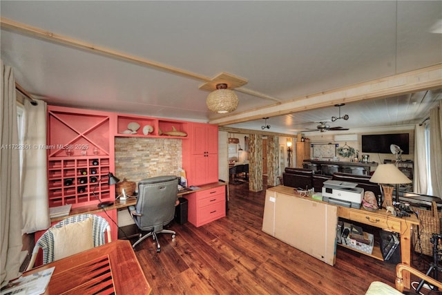 office space with ceiling fan and dark hardwood / wood-style flooring