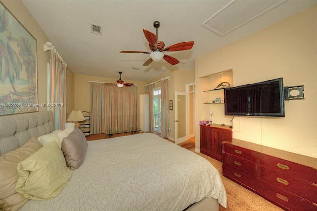 carpeted bedroom featuring ceiling fan