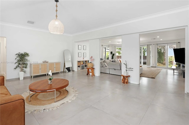 living room with ornamental molding and plenty of natural light