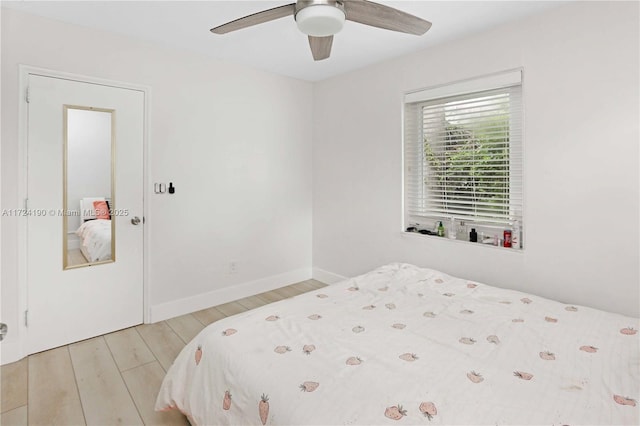 bedroom featuring light hardwood / wood-style floors and ceiling fan