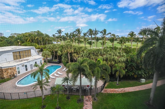 view of swimming pool with a patio area and a yard