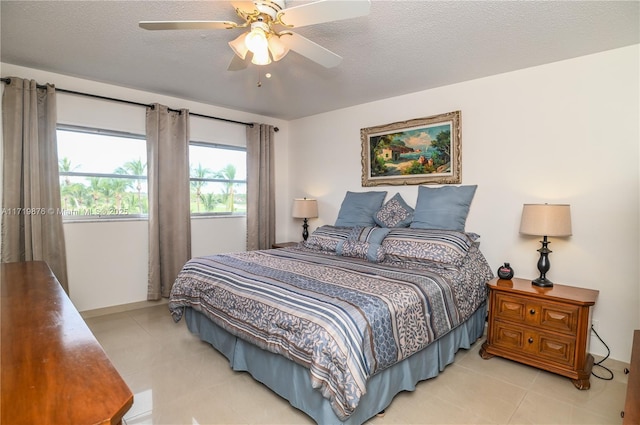 bedroom featuring ceiling fan and a textured ceiling