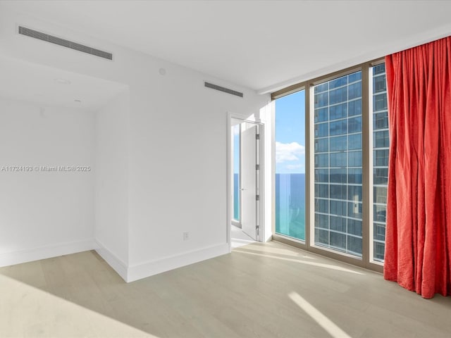 spare room with light wood-type flooring and expansive windows