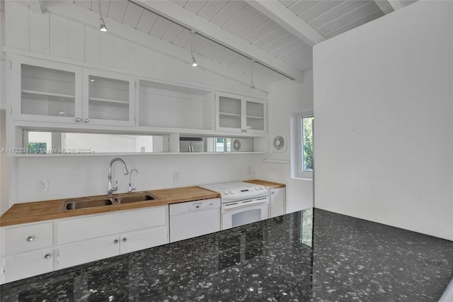 kitchen featuring white cabinetry, sink, lofted ceiling with beams, white appliances, and wood ceiling