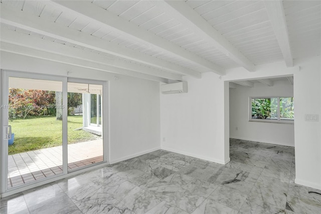 empty room with beamed ceiling and an AC wall unit