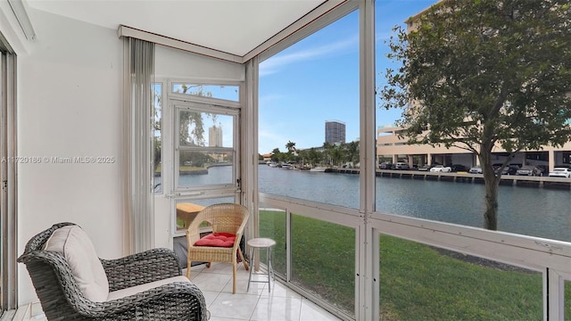 sunroom with a water view