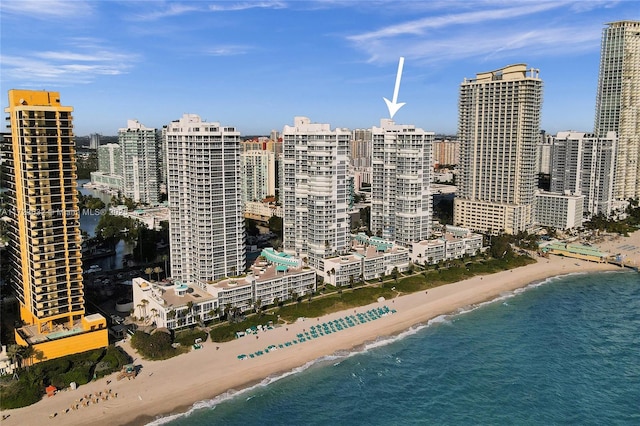 view of city with a water view and a view of the beach