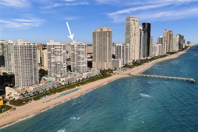 exterior space featuring a water view and a view of the beach