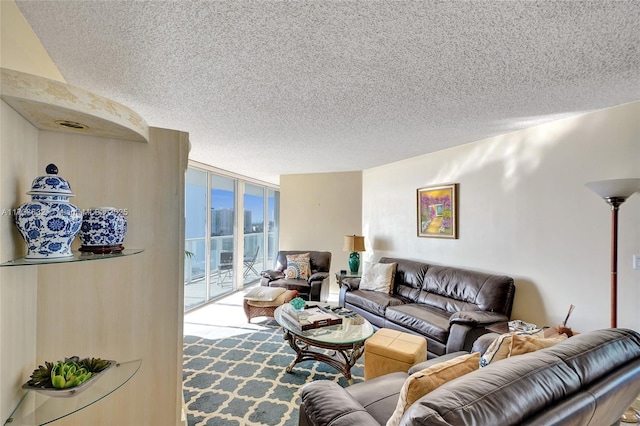 carpeted living room with floor to ceiling windows and a textured ceiling