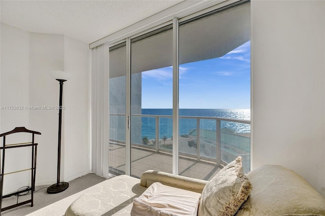 bedroom with multiple windows, expansive windows, a water view, and carpet flooring