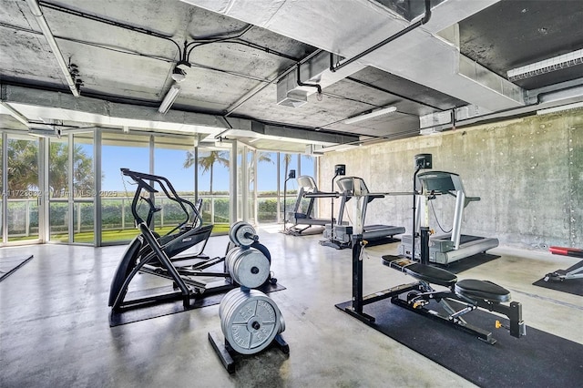 gym featuring a healthy amount of sunlight and floor to ceiling windows