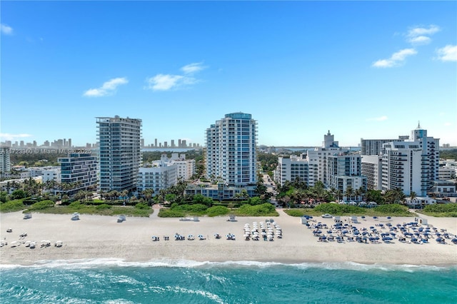 bird's eye view with a water view and a beach view