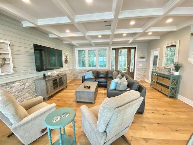 424 Lake Mirror Dr, Lake Placid, FL 33852 - living room featuring light wood finished floors, recessed lighting, coffered ceiling, beamed ceiling, and baseboards
