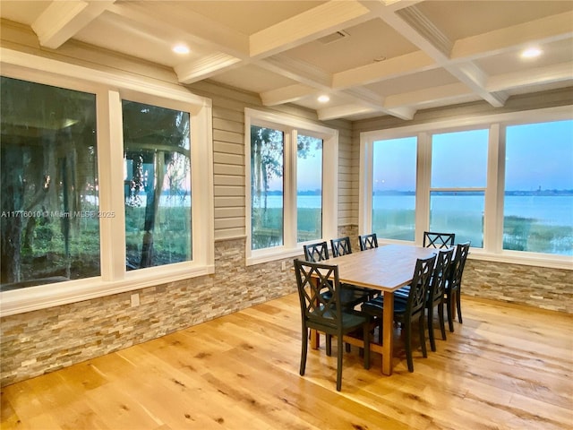 424 Lake Mirror Dr, Lake Placid, FL 33852 - sunroom / solarium featuring coffered ceiling, beamed ceiling, and a water view
