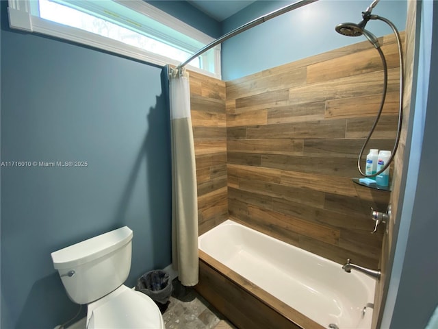 424 Lake Mirror Dr, Lake Placid, FL 33852 - bathroom featuring shower / bath combo with shower curtain, toilet, and wood walls