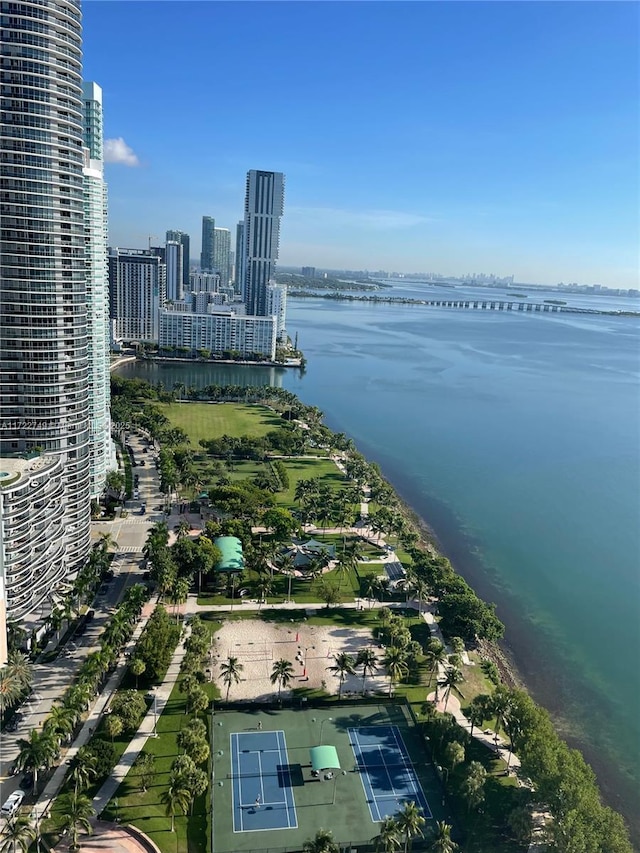 drone / aerial view featuring a water view