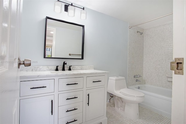 full bathroom featuring vanity, tile patterned floors, tiled shower / bath combo, and toilet