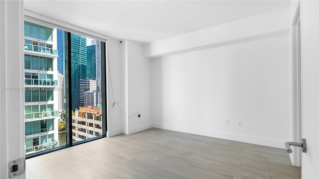 empty room with floor to ceiling windows and light wood-type flooring