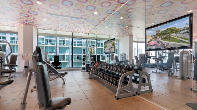 exercise room featuring a wall of windows