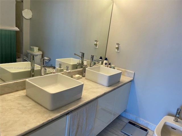 bathroom featuring tile patterned flooring, vanity, and a bidet