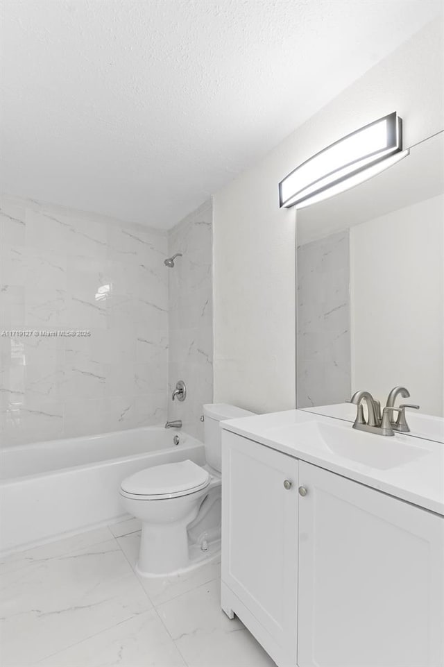 full bathroom featuring shower / tub combination, vanity, a textured ceiling, and toilet