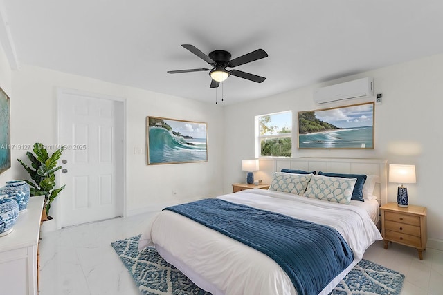 bedroom featuring an AC wall unit and ceiling fan