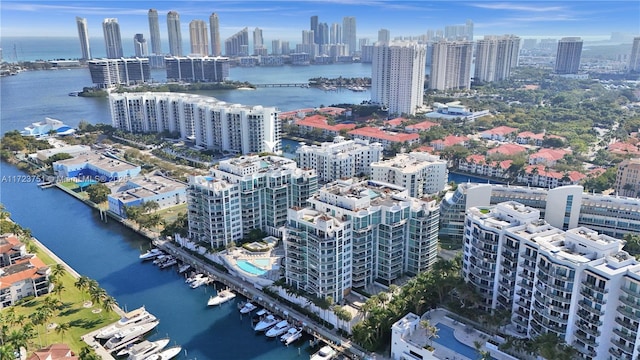 aerial view featuring a water view