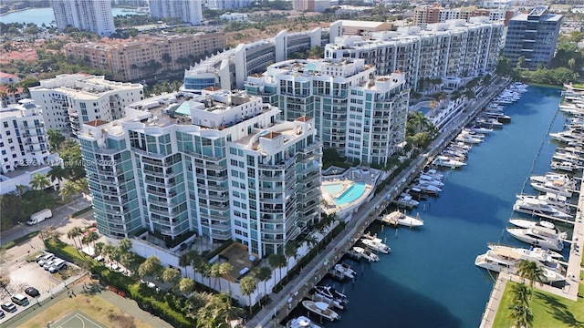 drone / aerial view featuring a water view