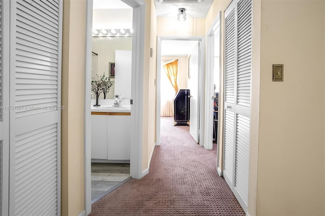 corridor featuring a wealth of natural light, carpet flooring, and a textured ceiling