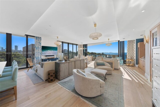 living room with light hardwood / wood-style floors and expansive windows