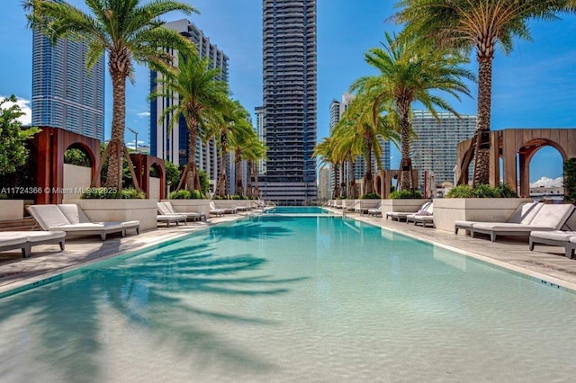 view of swimming pool featuring a patio