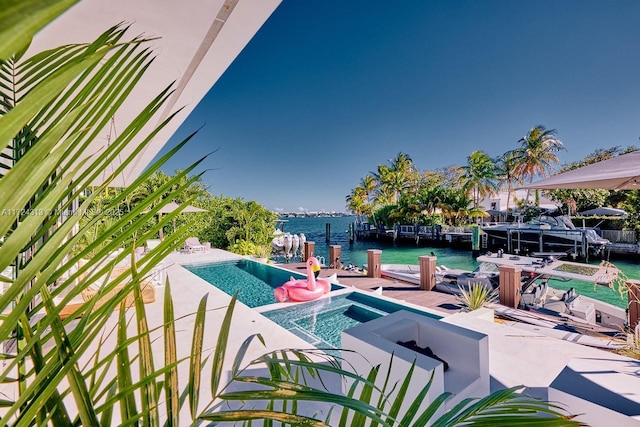 view of pool with a boat dock, a water view, and a hot tub