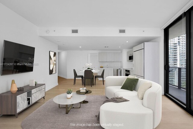 living room featuring light hardwood / wood-style floors, floor to ceiling windows, and a healthy amount of sunlight