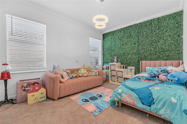 bedroom with crown molding and light colored carpet