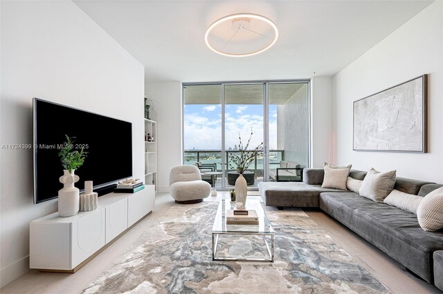 living room with floor to ceiling windows and light wood-type flooring