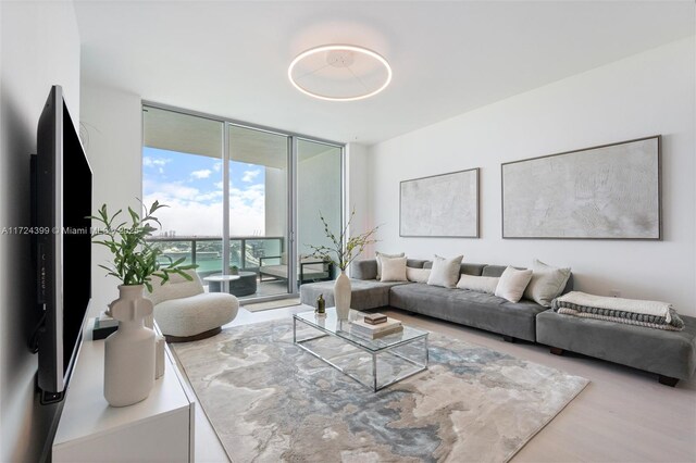 living room with light wood-type flooring and a wall of windows