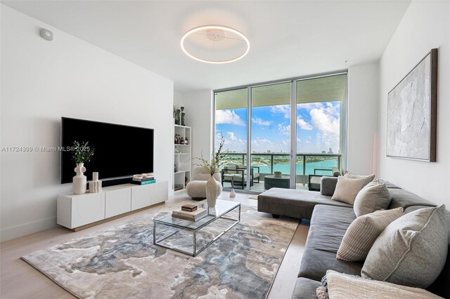 living room with hardwood / wood-style flooring and expansive windows