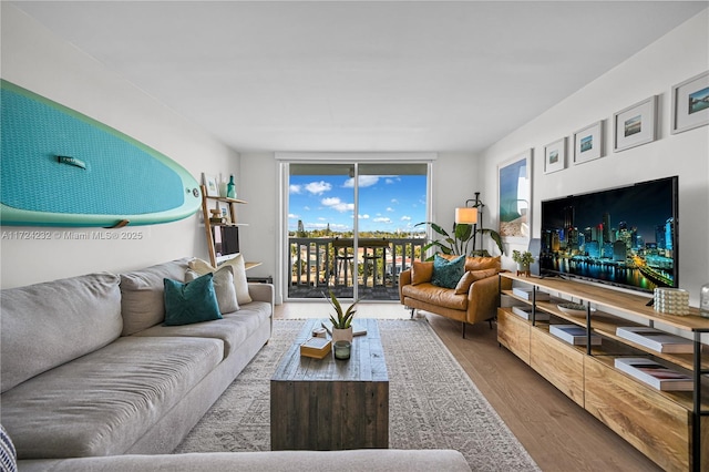 living area featuring wood finished floors and floor to ceiling windows