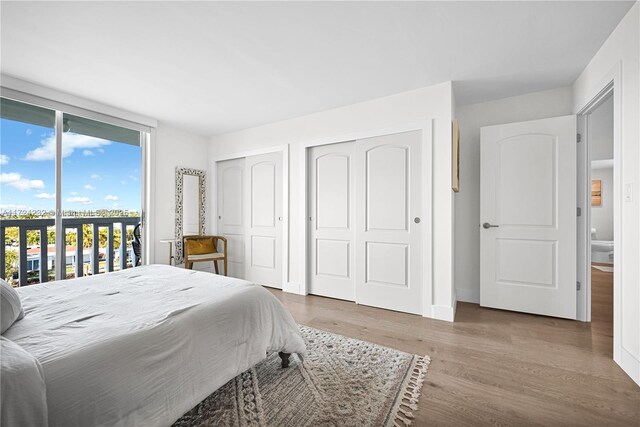 bedroom with multiple closets, expansive windows, dark hardwood / wood-style floors, and access to exterior