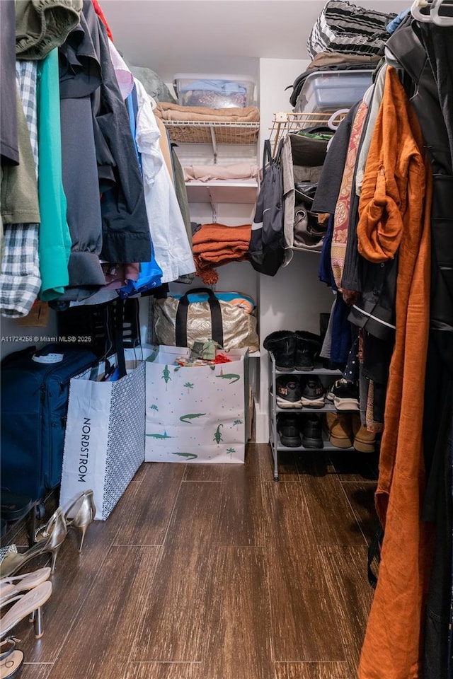 walk in closet with hardwood / wood-style flooring